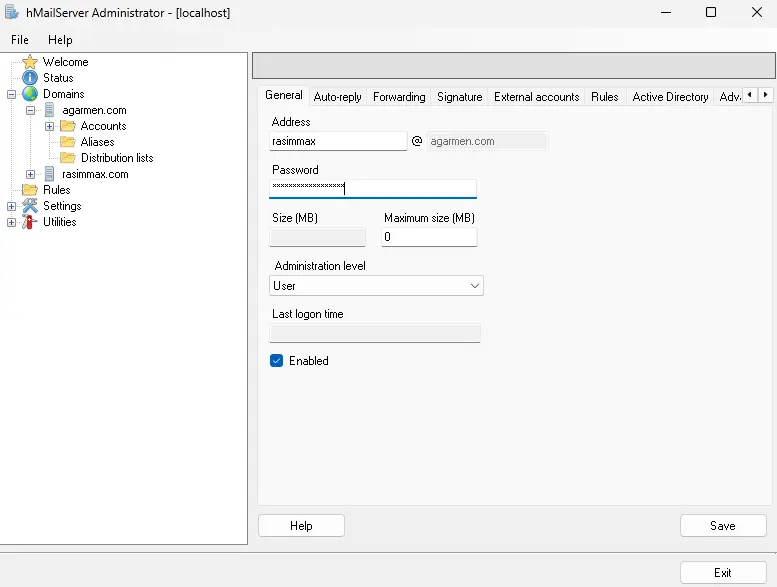 Creating an account in hMailServer