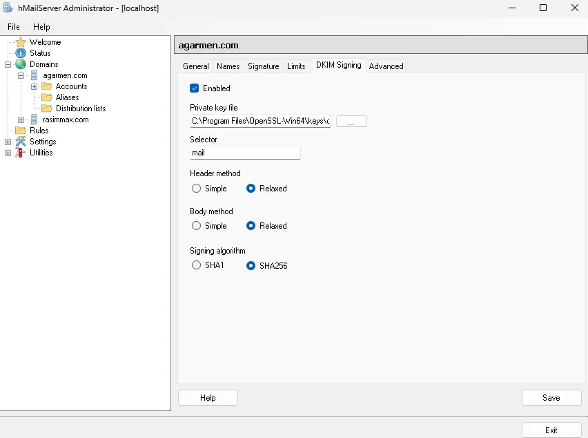 DKIM configuration in hMailServer