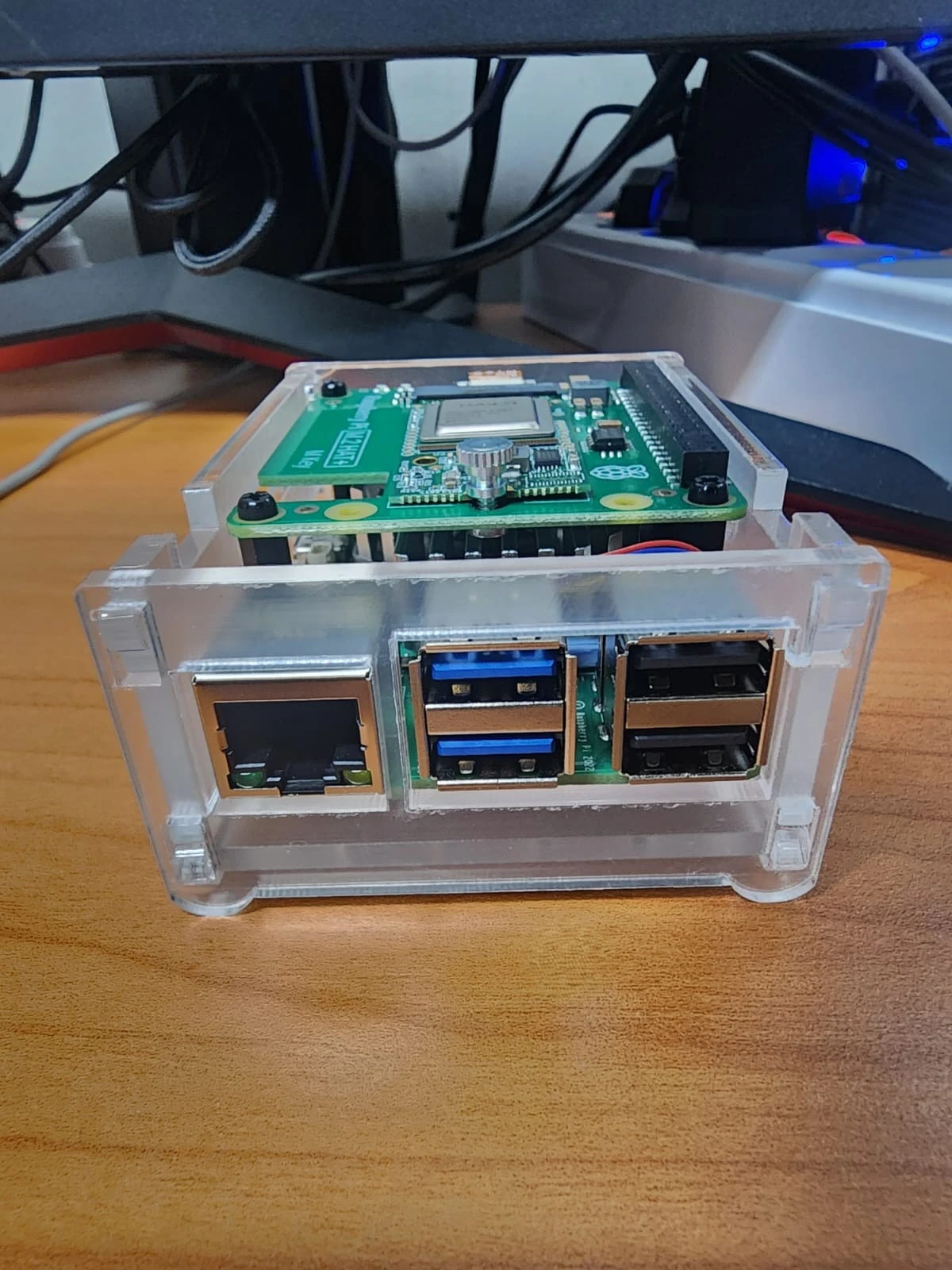 Raspberry Pi 5 with Hailo-8 acrylic case front view